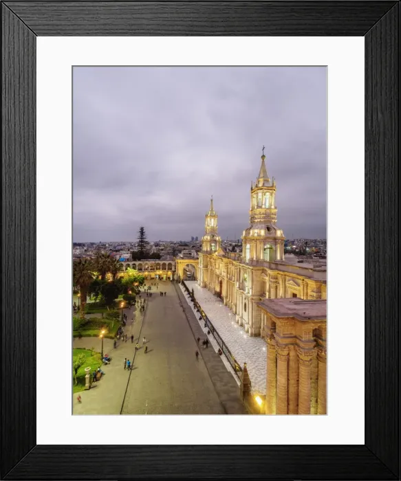 Framed Print : Cathedral at twilight, Plaza de Armas, elevated view, Arequipa, Peru Framed Print : Cathedral at twilight, Plaza de Armas, elevated view, Arequipa, Peru