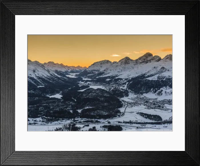 Framed Print : Scenic winter sunset view over Upper Engadine valley from Muottas Muragl with Celerina Framed Print : Scenic winter sunset view over Upper Engadine valley from Muottas Muragl with Celerina