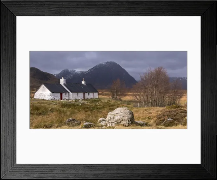 Framed Print : Black Rock cottage and Buachaille Etive Mor mountain on Rannoch Moor in the Scottish Highlands Framed Print : Black Rock cottage and Buachaille Etive Mor mountain on Rannoch Moor in the Scottish Highlands