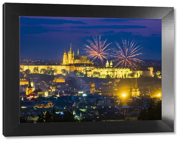 Czech Republic, Prague, Vinohrady. Fireworks over Prague Castle, Prazsky Hrad