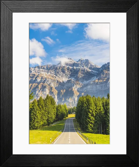 Framed Print : The road leading to Schwagalp pass with mount Santis in the background, Switzerland Framed Print : The road leading to Schwagalp pass with mount Santis in the background, Switzerland
