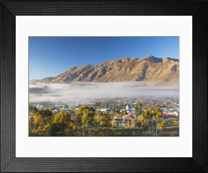 Framed Print : View of mist over Montagu at dawn, Western Cape, South Africa Framed Print : View of mist over Montagu at dawn, Western Cape, South Africa