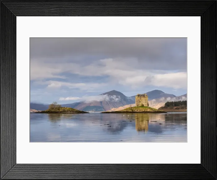 Framed Print : Castle Stalker reflected in Loch Linnhe, Scottish Highlands, Scotland Framed Print : Castle Stalker reflected in Loch Linnhe, Scottish Highlands, Scotland