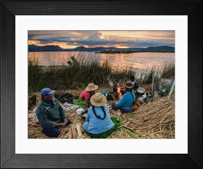 Framed Print : Native Uro Family dining at sunset, Uros Floating Islands, Lake Titicaca, Puno Region Framed Print : Native Uro Family dining at sunset, Uros Floating Islands, Lake Titicaca, Puno Region