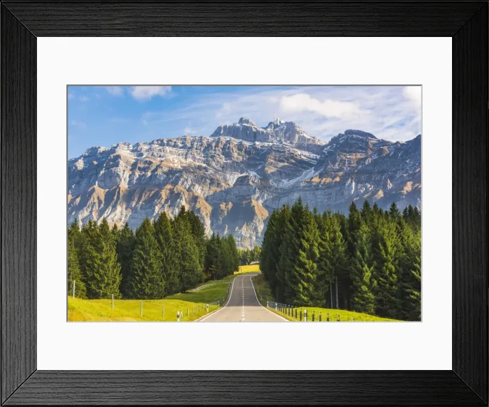 Framed Print : The road leading to Schwagalp pass with mount Santis in the background, Switzerland Framed Print : The road leading to Schwagalp pass with mount Santis in the background, Switzerland