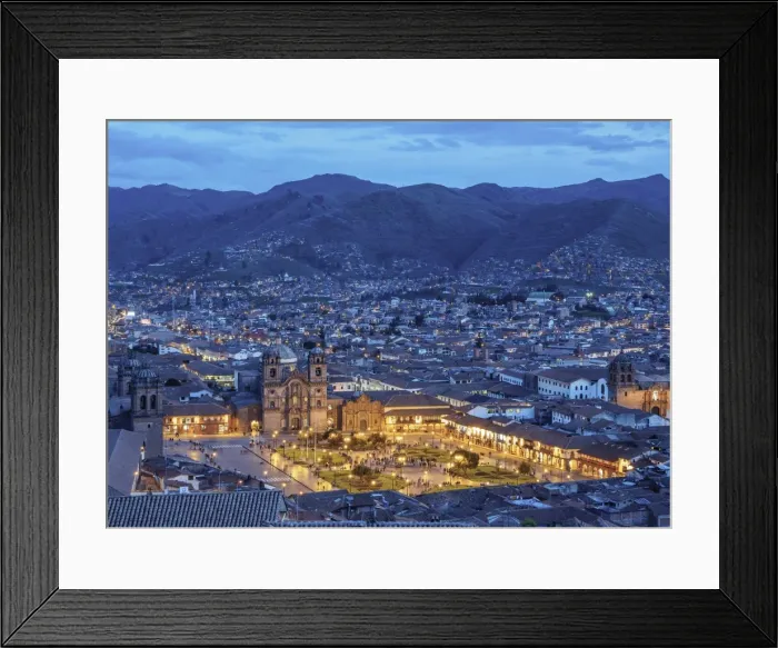 Framed Print : Main Square at twilight, Old Town, elevated view, Cusco, Peru Framed Print : Main Square at twilight, Old Town, elevated view, Cusco, Peru
