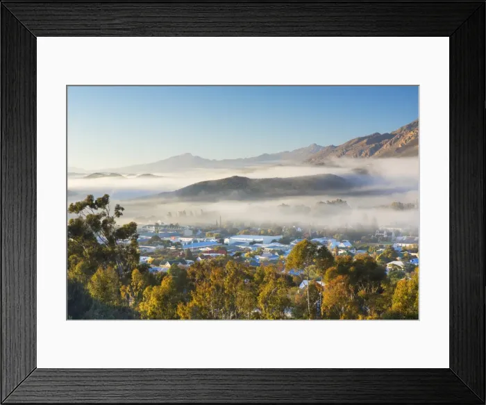 Framed Print : View of mist over Montagu at dawn, Western Cape, South Africa Framed Print : View of mist over Montagu at dawn, Western Cape, South Africa