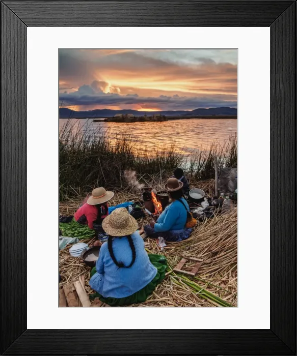 Framed Print : Native Uro Family dining at sunset, Uros Floating Islands, Lake Titicaca, Puno Region Framed Print : Native Uro Family dining at sunset, Uros Floating Islands, Lake Titicaca, Puno Region