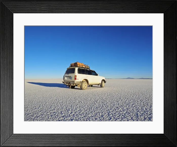 Framed Print : Bolivia, Potosi Department, Daniel Campos Province, White Toyota Landcruiser on the Salar de Uyuni