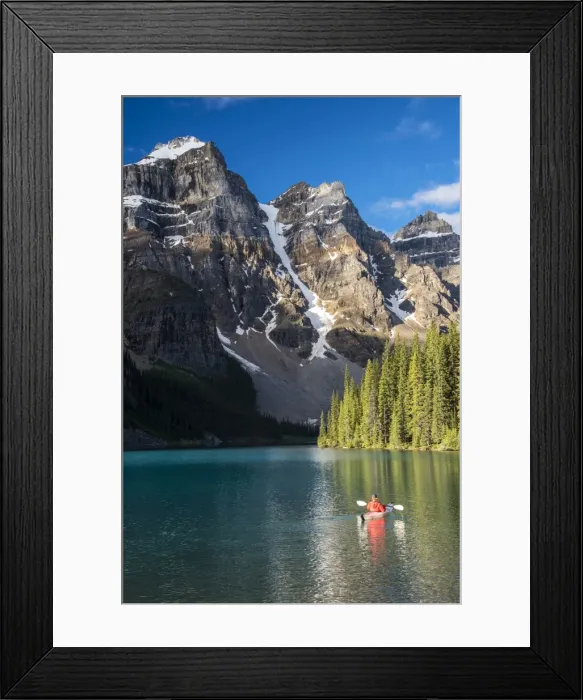 Framed Print : Canoeist paddling on Moraine Lake, Banff National Park, Alberta, Canada Framed Print : Canoeist paddling on Moraine Lake, Banff National Park, Alberta, Canada