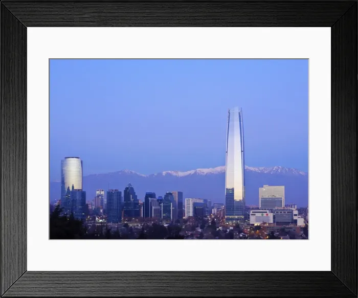 Framed Print : Chile, Santiago, Twilight view from the Parque Metropolitano towards the high raised Framed Print : Chile, Santiago, Twilight view from the Parque Metropolitano towards the high raised