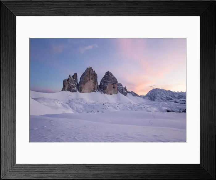 Framed Print : Winter sunset of the Three Peaks, Bolzano district, South Tyrol, Italy, Europe Framed Print : Winter sunset of the Three Peaks, Bolzano district, South Tyrol, Italy, Europe