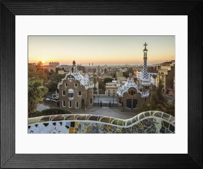 Framed Print : Park Guell with city skyline behind at sunrise, Barcelona, Catalonia, Spain
