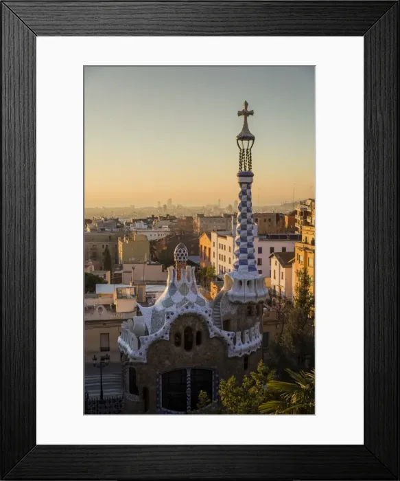 Framed Print : Park Guell with city skyline behind at sunrise, Barcelona, Catalonia, Spain Framed Print : Park Guell with city skyline behind at sunrise, Barcelona, Catalonia, Spain