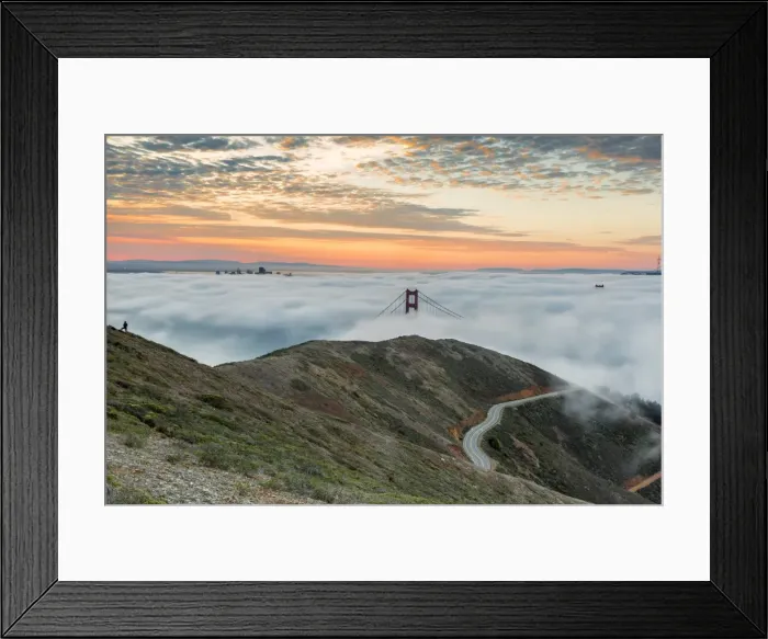 Framed Print : Golden Gate Bridge with morning fog shot at sunrise from Slackers Hill. San Francisco Framed Print : Golden Gate Bridge with morning fog shot at sunrise from Slackers Hill. San Francisco