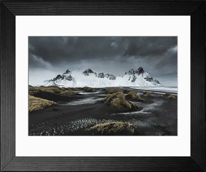 Framed Print : Stormy weather above Vestrahorn, depicted from Stokksens Framed Print : Stormy weather above Vestrahorn, depicted from Stokksens