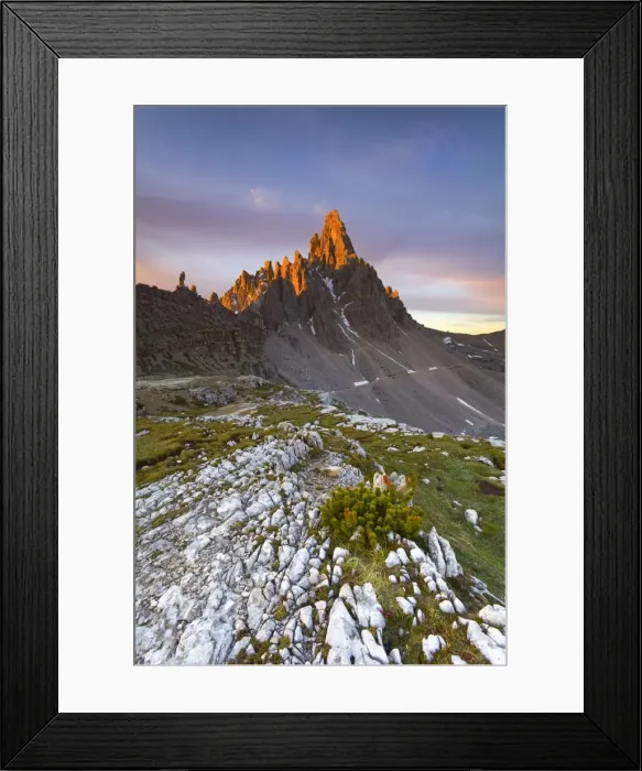 Framed Print : Dolomites, Italy. The first lights on Paterno, in summertime Framed Print : Dolomites, Italy. The first lights on Paterno, in summertime