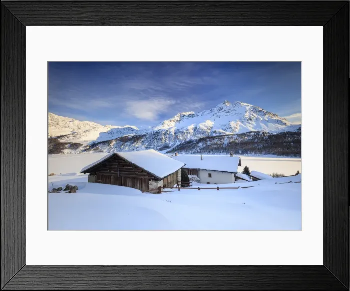 Framed Print : Huts and mountains covered in snow at sunset Spluga Maloja Canton of Graubunden Engadin Framed Print : Huts and mountains covered in snow at sunset Spluga Maloja Canton of Graubunden Engadin