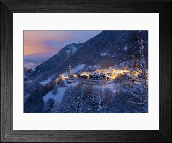 Framed Print : The village of Soglio by nigth after a heavy snowfall, val Bregaglia, Grisons, Switzerland Framed Print : The village of Soglio by nigth after a heavy snowfall, val Bregaglia, Grisons, Switzerland