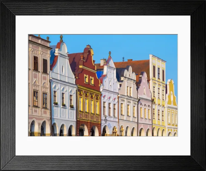Framed Print : Czech Republic, Vysocina Region, Telc. Facades of Renaissance and Baroque houses
