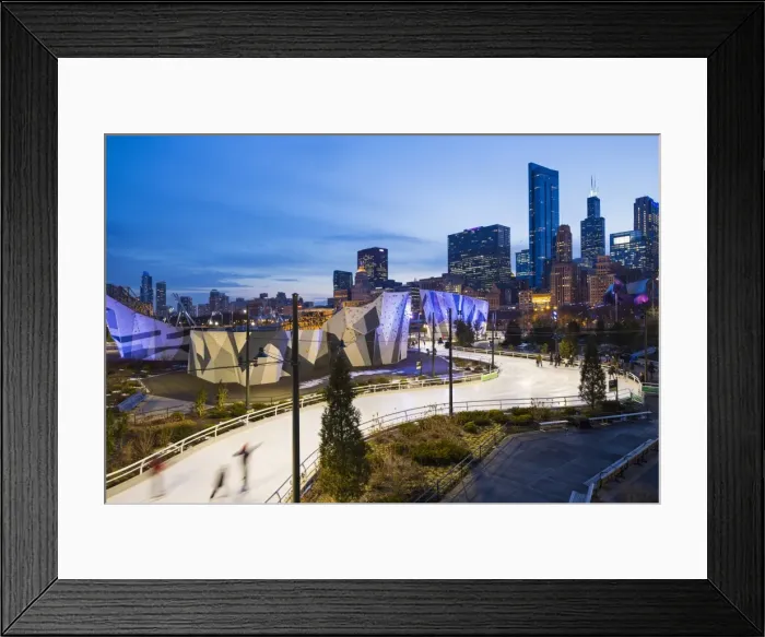 Framed Print : USA, Illinois, Chicago. The Maggie Daley Park Ice Skating Ribbon on a cold Winter s Framed Print : USA, Illinois, Chicago. The Maggie Daley Park Ice Skating Ribbon on a cold Winter s