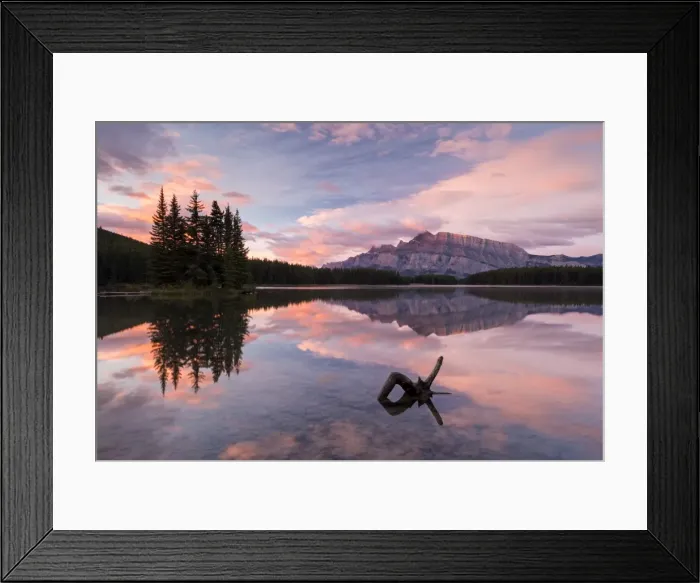 Framed Print : Colourful dawn sky above Mount Rundle and Two Jack Lake, Banff National Park, Alberta, Canada