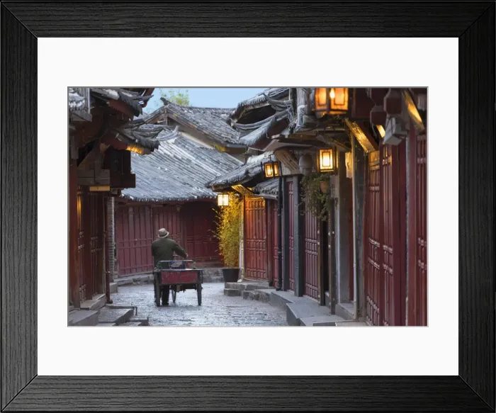 Framed Print : Man pushing bicycle along alleyway, Lijiang (UNESCO World Heritage Site), Yunnan, China Framed Print : Man pushing bicycle along alleyway, Lijiang (UNESCO World Heritage Site), Yunnan, China