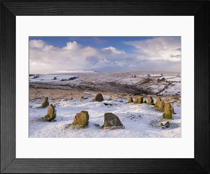 Framed Print : Snow covered Nine Maidens cairn circle on Belstone Common, Dartmoor, Devon, England Framed Print : Snow covered Nine Maidens cairn circle on Belstone Common, Dartmoor, Devon, England