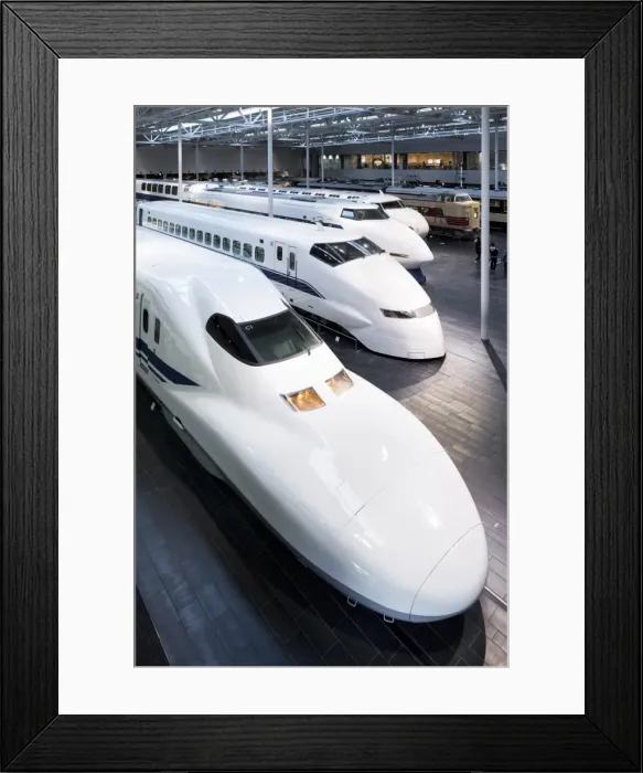 Framed Print : View of main hall with four shinkansen trains, 700, 200, 100 and 0 series, Shinkansen museum Framed Print : View of main hall with four shinkansen trains, 700, 200, 100 and 0 series, Shinkansen museum
