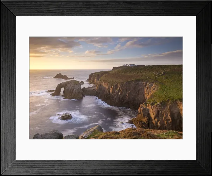Framed Print : Sunset over Lands End on the western tip of Cornwall, England. Autumn (September) 2015