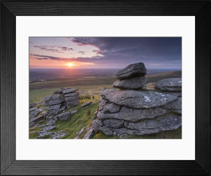Framed Print : Beautiful sunset over Arms Tor, Dartmoor, Devon, England. Summer (August)