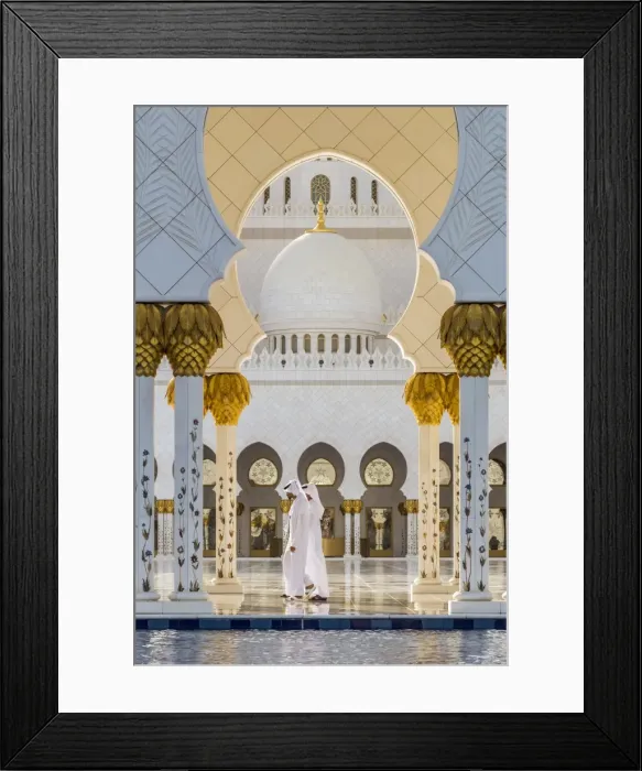 Framed Print : Two Middle Eastern men traditionally dressed walking in the courtyard of the Sheikh Zayed Mosque Framed Print : Two Middle Eastern men traditionally dressed walking in the courtyard of the Sheikh Zayed Mosque