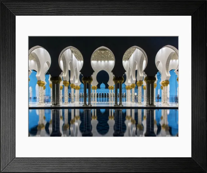Framed Print : Night view of Sheikh Zayed Mosque reflected in the pool, Abu Dhabi, United Arab Emirates Framed Print : Night view of Sheikh Zayed Mosque reflected in the pool, Abu Dhabi, United Arab Emirates