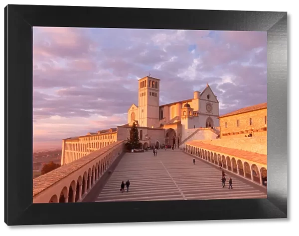 Europe, Italy, Perugia distict, Assisi. The Basilica of St. Francis at sunset