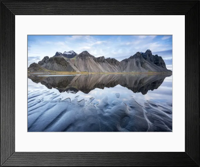 Framed Print : The mountains reflect on the surface of the ocean. Stokksnes, Eastern Iceland, Europe