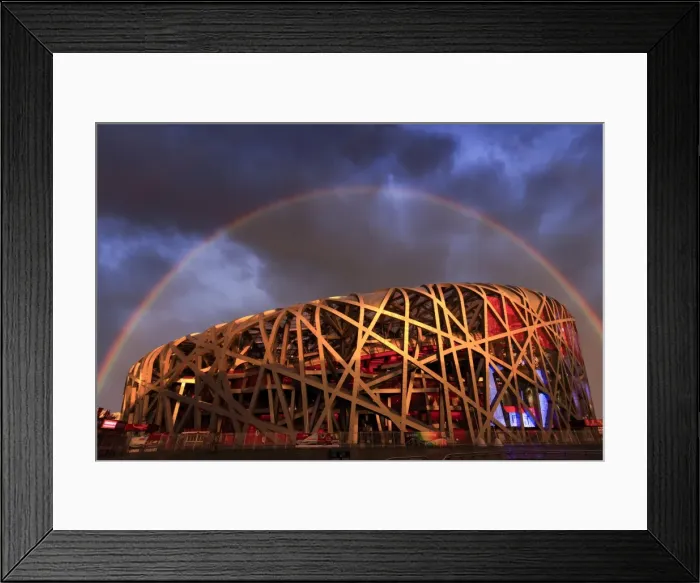 Framed Print : China, Beijing, Olympic park and famous birds nest stadium made of steel illuminated Framed Print : China, Beijing, Olympic park and famous birds nest stadium made of steel illuminated