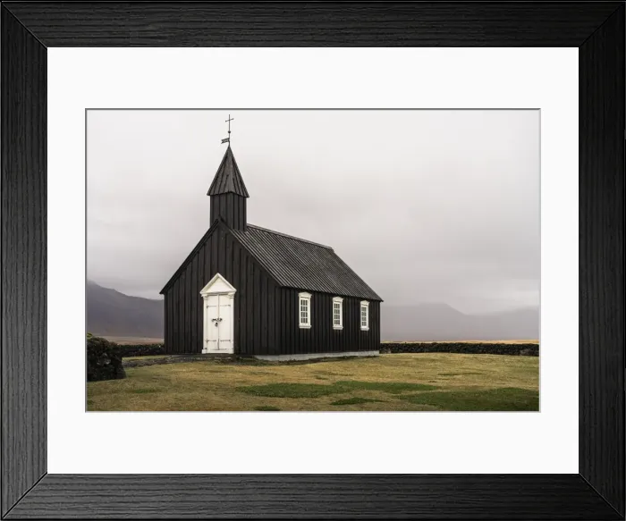 Framed Print : Snaefellsnes peninsula, Iceland, Europe. The small black church in Budir Framed Print : Snaefellsnes peninsula, Iceland, Europe. The small black church in Budir