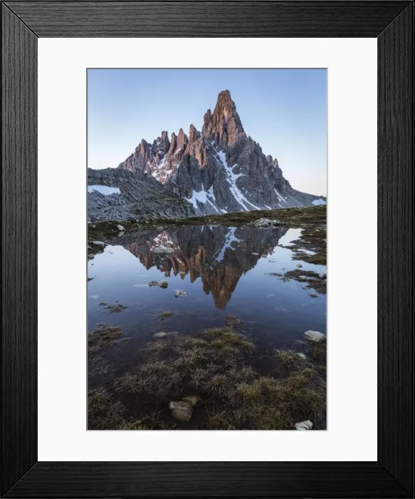 Framed Print : Sunrise of Mount Paterno reflected in a puddle, Natural Park Three Peaks, Sesto Pusteria Framed Print : Sunrise of Mount Paterno reflected in a puddle, Natural Park Three Peaks, Sesto Pusteria