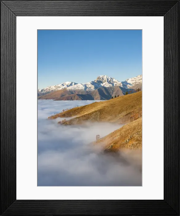 Framed Print : Snowy mountains over the clouds (Bielmonte, Veglio, Biella province, Piedmont, Italy Framed Print : Snowy mountains over the clouds (Bielmonte, Veglio, Biella province, Piedmont, Italy