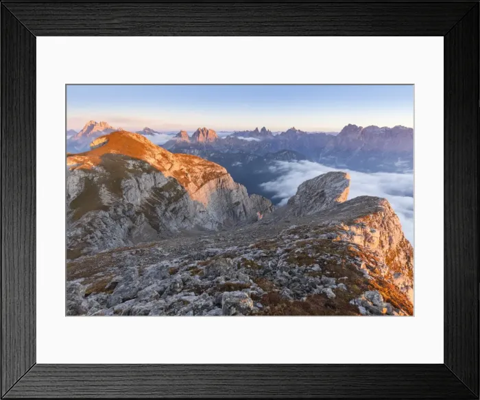 Framed Print : Europe, Italy, Veneto, Cadore, Auronzo. Sunrise with sea of clouds from Camosci peak, Marmarole Framed Print : Europe, Italy, Veneto, Cadore, Auronzo. Sunrise with sea of clouds from Camosci peak, Marmarole