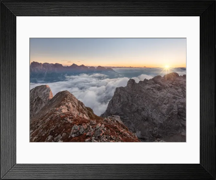 Framed Print : Europe, Italy, Veneto, Cadore, Auronzo. Sunrise with sea of clouds from Camosci peak