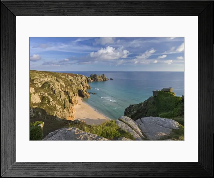 Framed Print : Pednvounder beach and Logan Rock from Treen Cliff, Cornwall, England