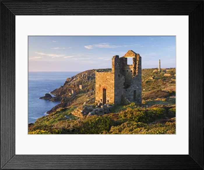 Framed Print : Abandoned tin mines on the Cornish cliffs near Botallack, Cornwall, England. Spring