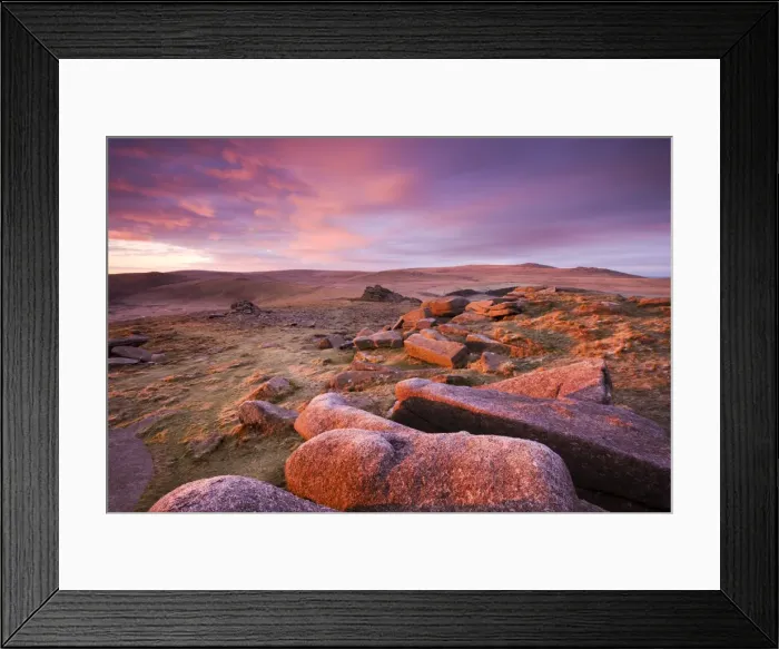 Framed Print : Pink dawn sky above Belstone Tor, looking towards Higher Tor and Winter Tor in the mid distance Framed Print : Pink dawn sky above Belstone Tor, looking towards Higher Tor and Winter Tor in the mid distance