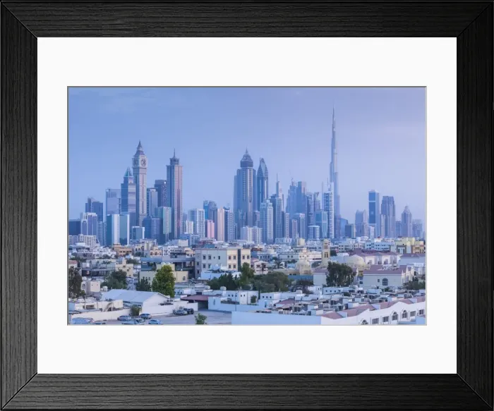 Framed Print : UAE, Dubai, Jumeira, skyscrapers along Sheikh Zayed Road, skyline from Jumeira, dusk Framed Print : UAE, Dubai, Jumeira, skyscrapers along Sheikh Zayed Road, skyline from Jumeira, dusk