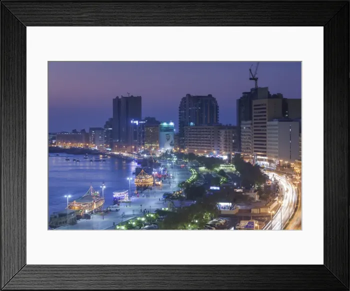 Framed Print : UAE, Dubai, Deira, elevated view of Dubai Creek, dusk Framed Print : UAE, Dubai, Deira, elevated view of Dubai Creek, dusk