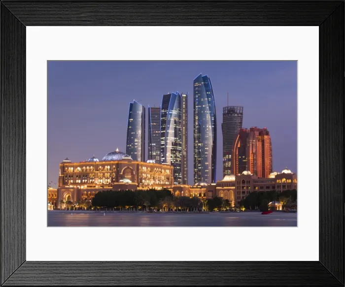Framed Print : UAE, Abu Dhabi, Etihad Towers and Emirates Palace Hotel, dusk Framed Print : UAE, Abu Dhabi, Etihad Towers and Emirates Palace Hotel, dusk