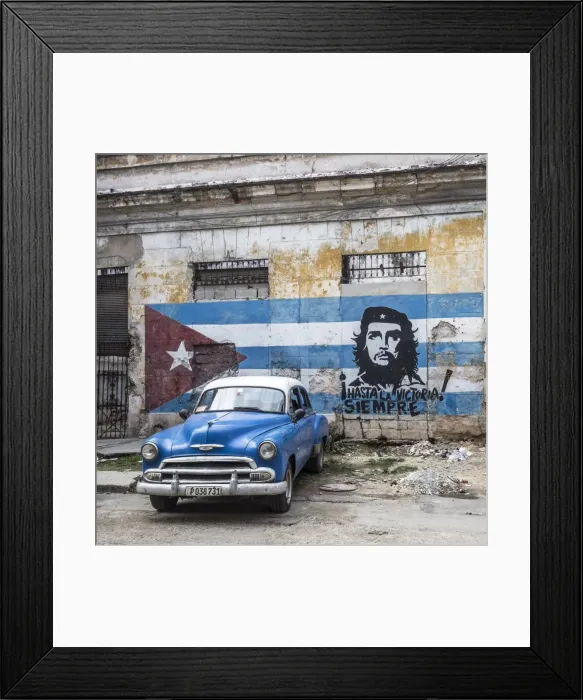 Framed Print : Classic American car and Cuban flag, Habana Vieja, Havana, Cuba
