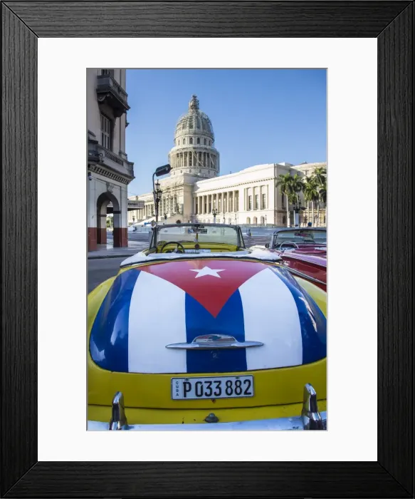 Framed Print : Classic American car with the Cuban flag painted in its boot, Parque Central, Havana