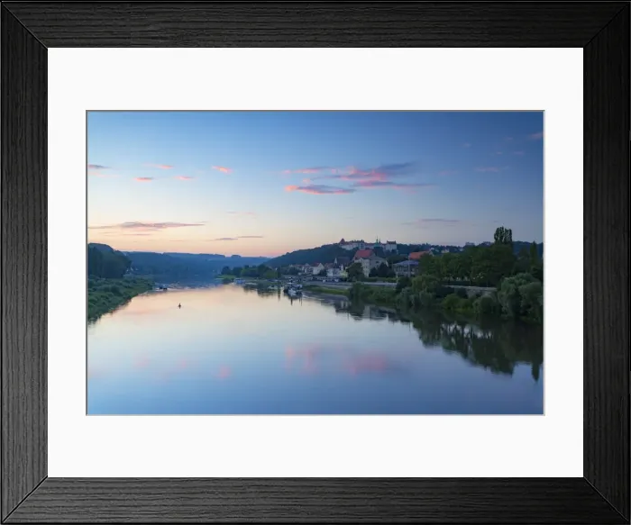 Framed Print : View of River Elbe and Pirna at dawn, Saxony, Germany Framed Print : View of River Elbe and Pirna at dawn, Saxony, Germany